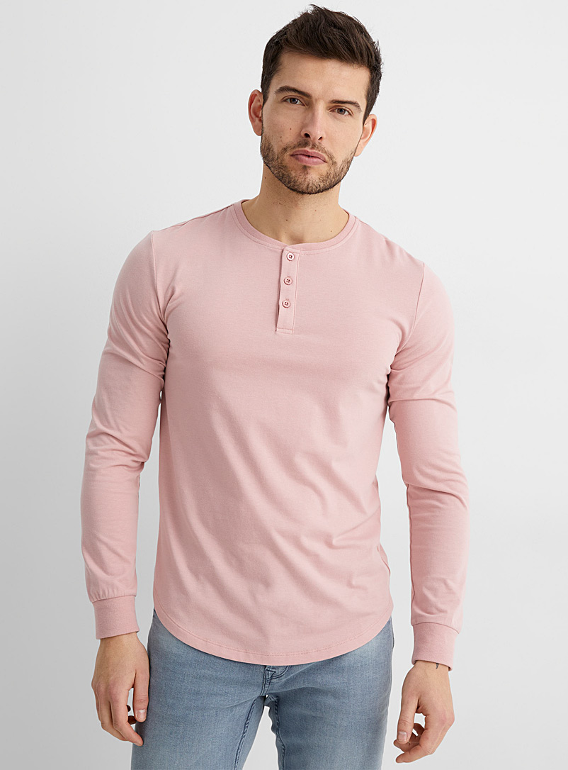 Le 31 Pink Long sleeves henley muscle fit T-shirt for men