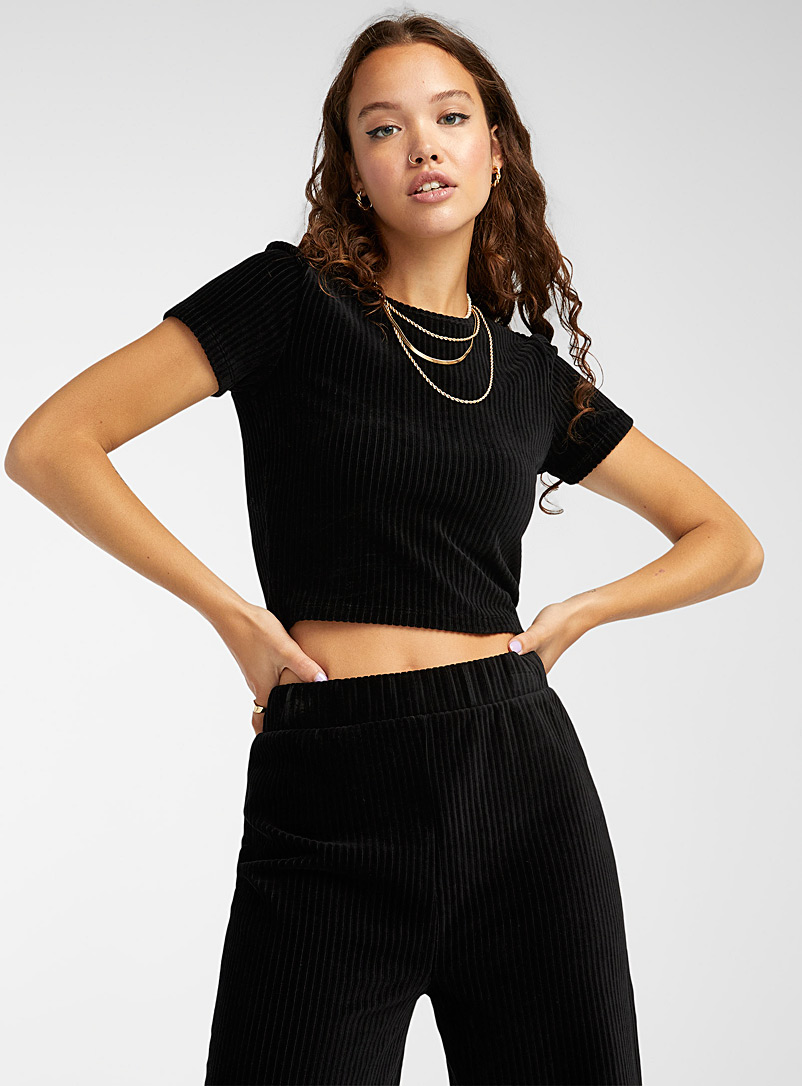 Twik Black Cropped fitted corduroy tee for women