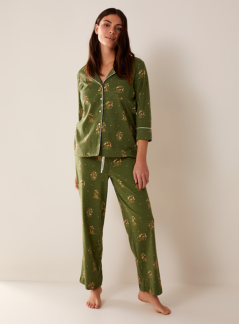 Miiyu Mossy Green Patterned organic cotton pyjama set for women