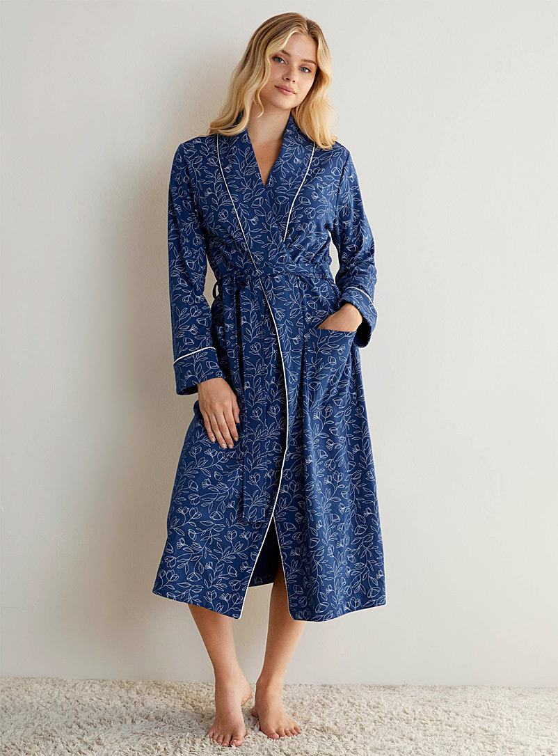 Miiyu Blue Brushed organic cotton patterned robe for women