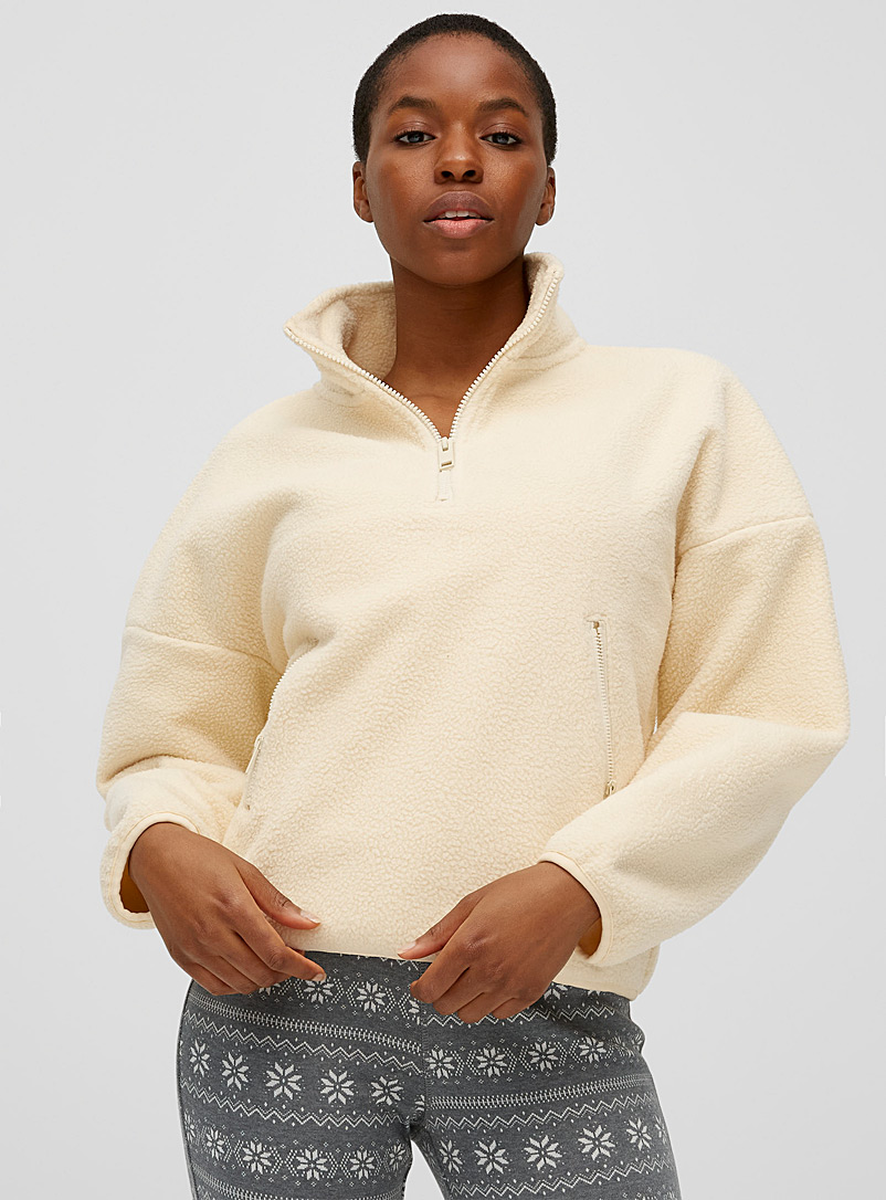 Miiyu x Twik Cream Beige Sherpa half-zip sweatshirt for women