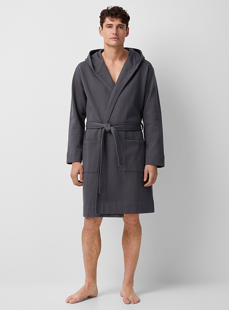 Le 31 Charcoal Hooded fleece robe for men