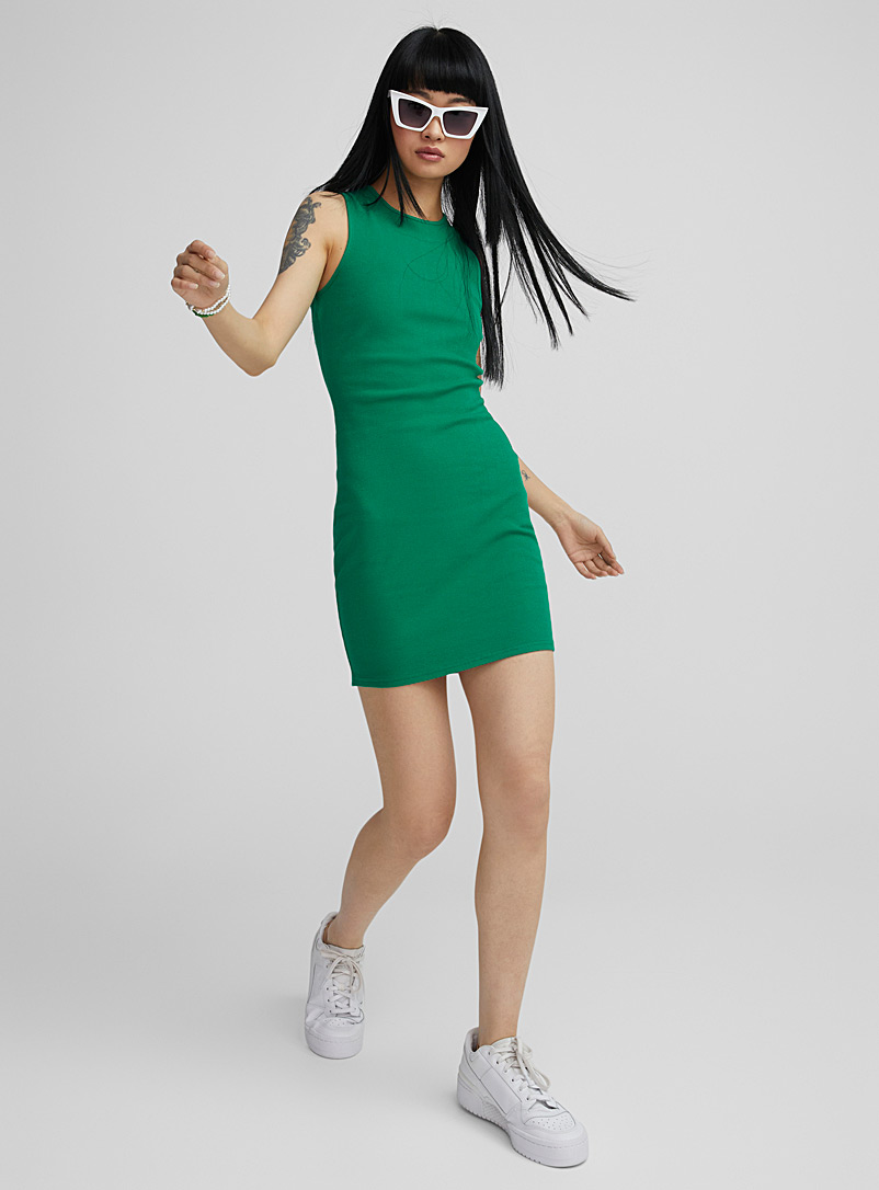 Twik Bottle Green Racerback rib-knit bodycon dress for women