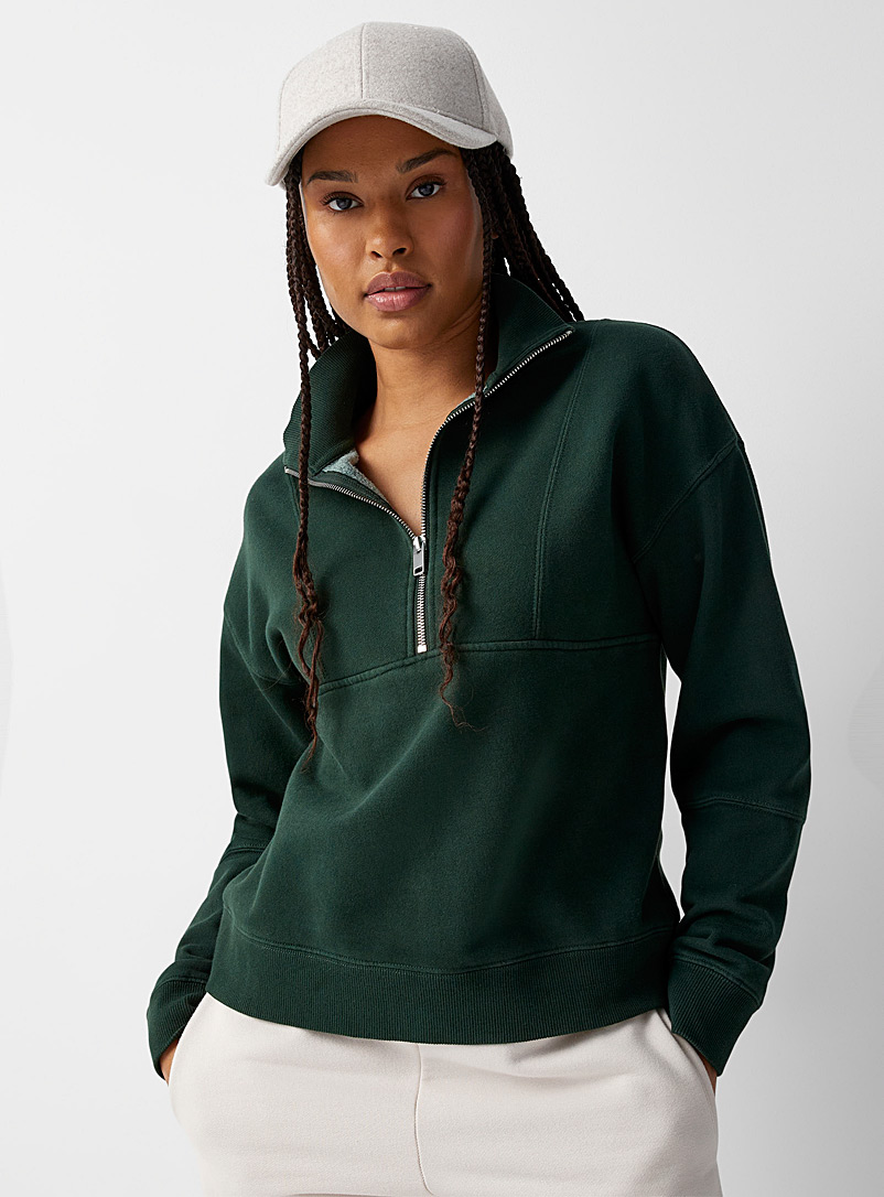 Twik Mossy Green Faded half-zip mock neck sweatshirt for women
