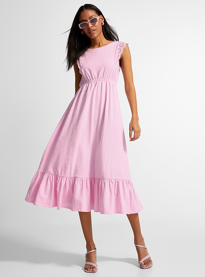 Icône Pink English embroidery ruffled maxi dress for women