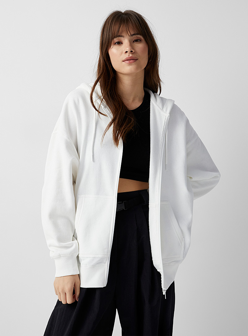 Twik White Organic cotton loose zip hoodie for women