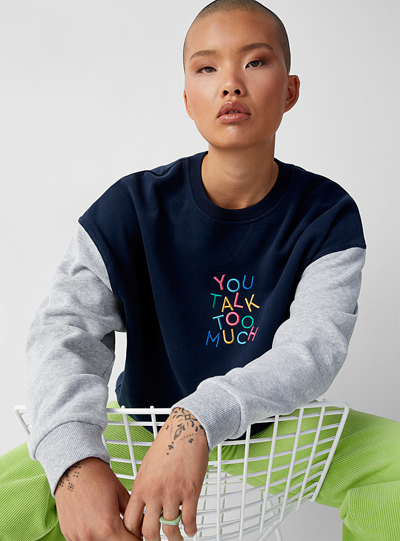 Twik Navy Embroidered message colour block sweatshirt for women