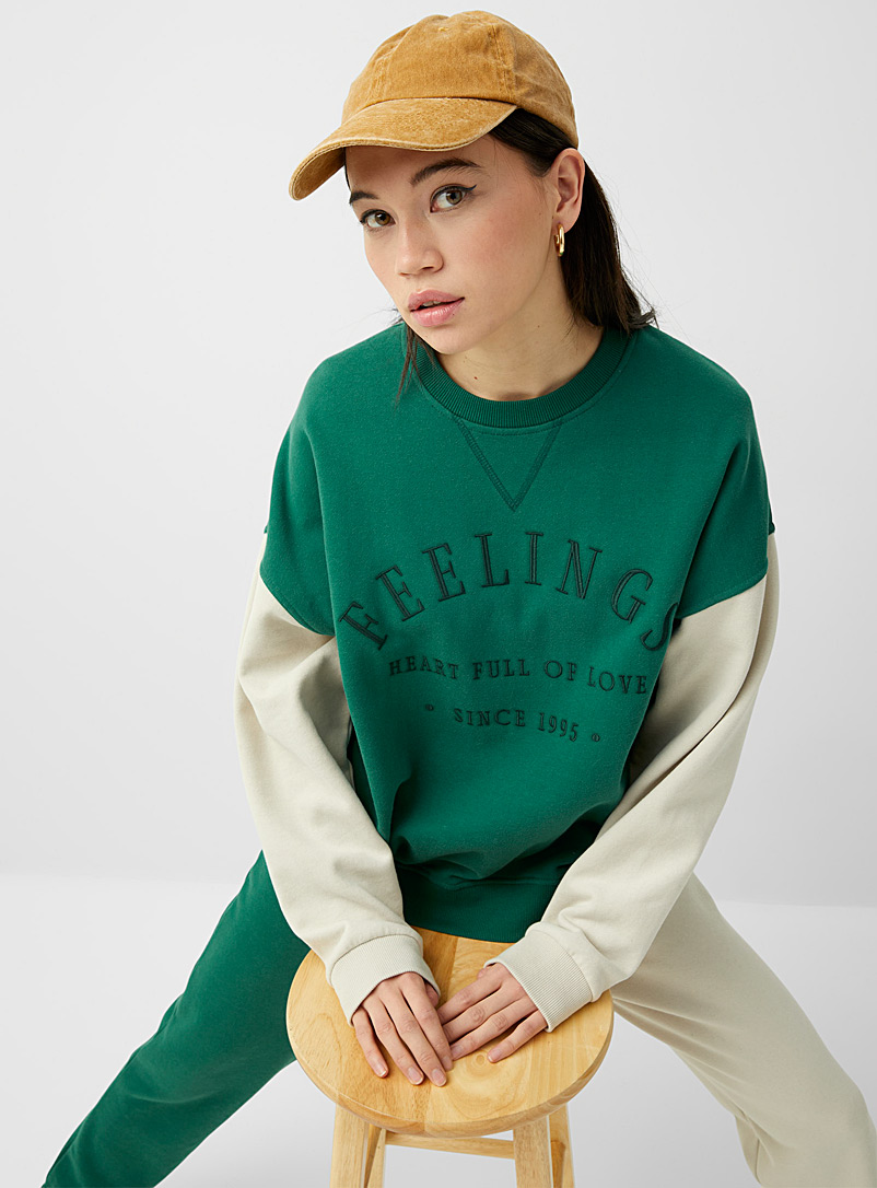 Twik Mossy Green Embroidered message colour block sweatshirt for women