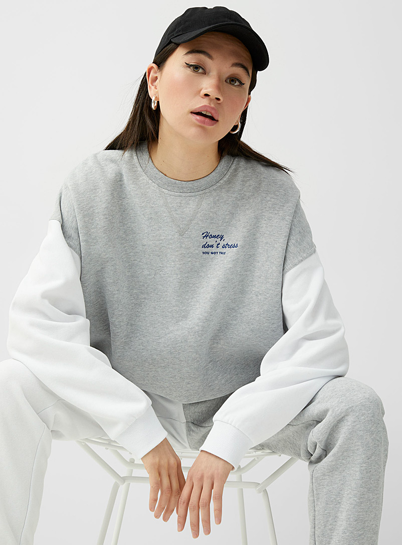 Twik Grey Embroidered message colour block sweatshirt for women