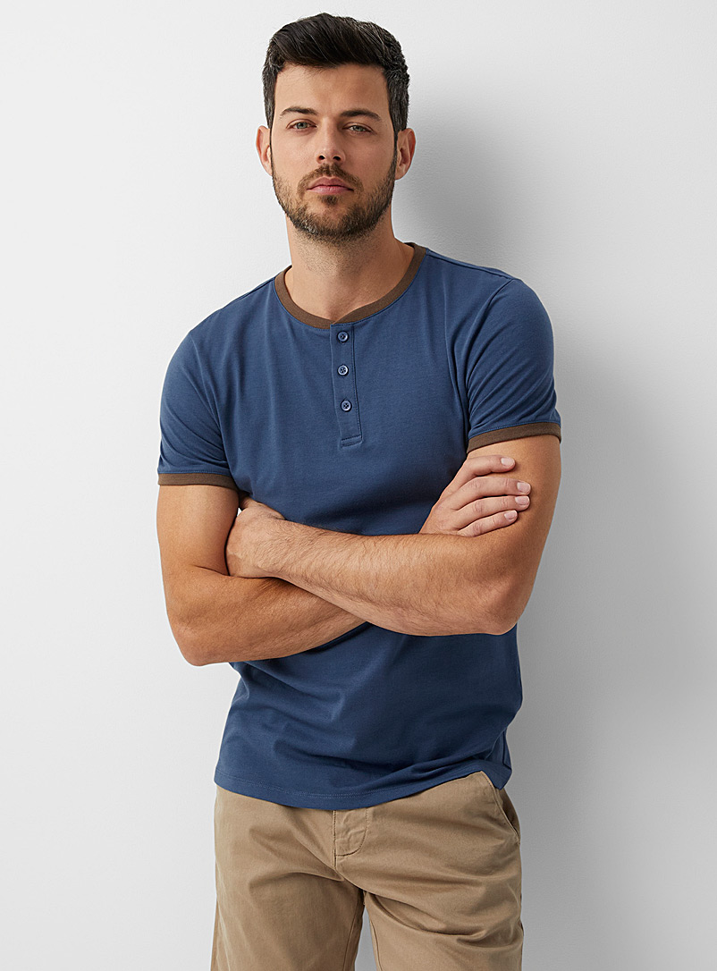 Le 31: Le t-shirt henley ajusté Bleu moyen-ardoise pour homme