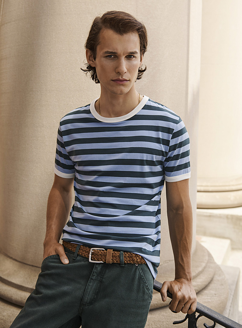 Le 31 Light blue Accent-trim striped T-shirt for men