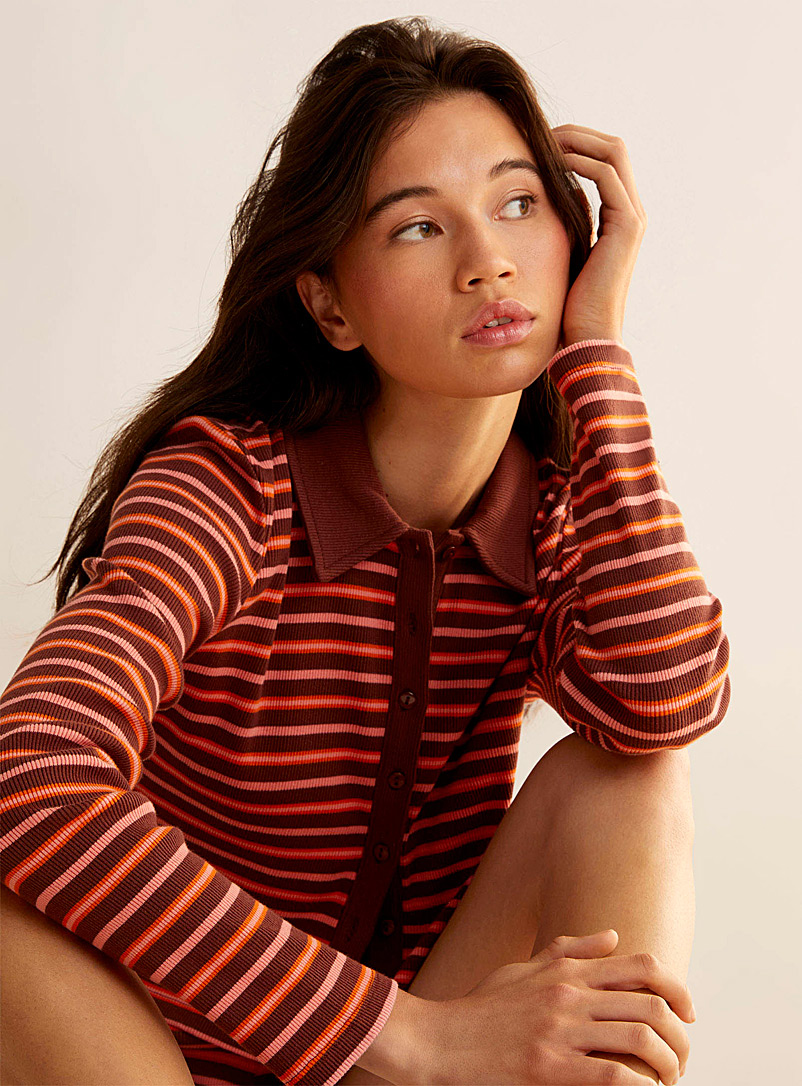 Miiyu x Twik Patterned Brown Striped polo collar lounge cardigan for women