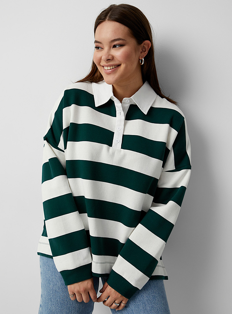 Twik Patterned Green Wide stripes polo sweatshirt for women
