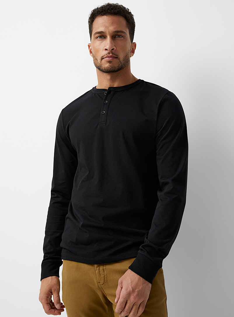 Men's Cotton Crew Neck Long Sleeve Henley Shirt / T Shirts, Black 3XL