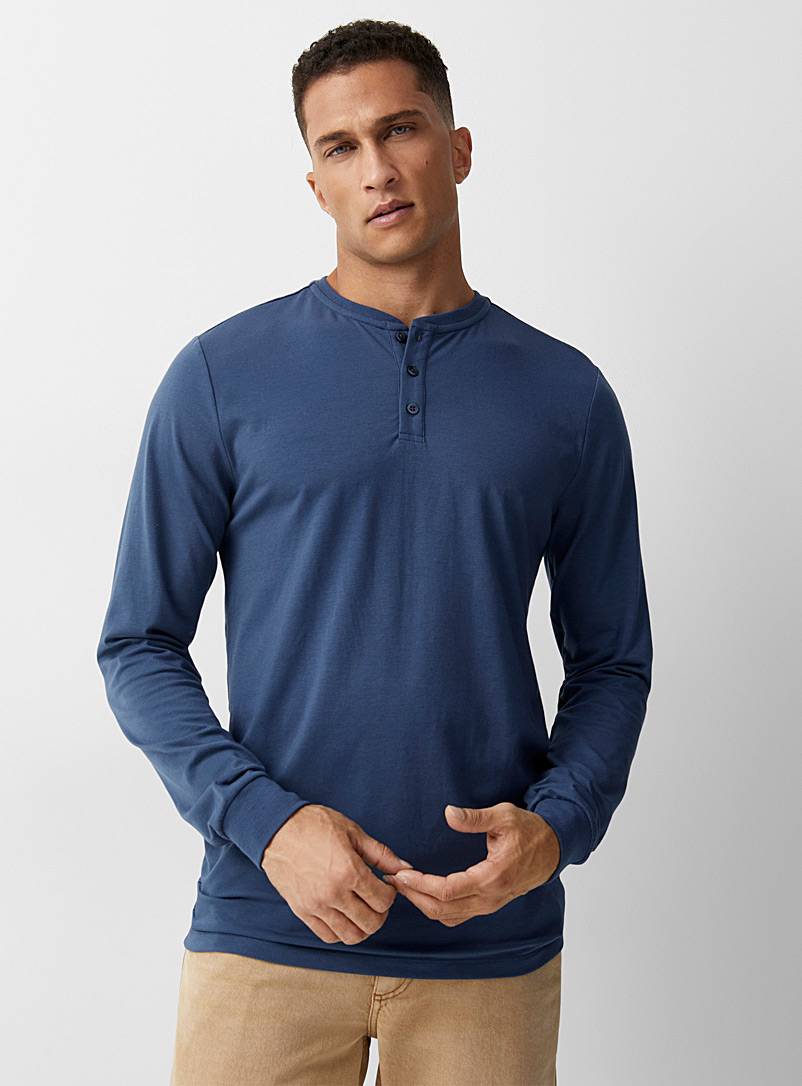 Le 31: Le t-shirt henley jersey écologique Bleu moyen-ardoise pour homme