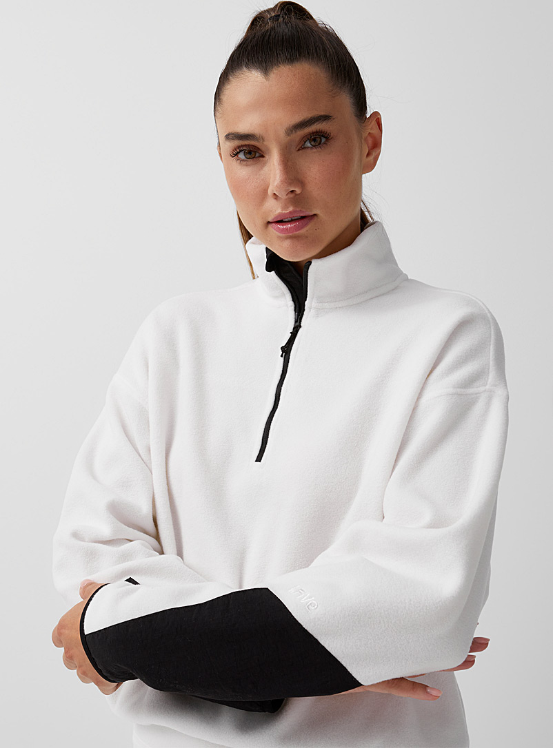 I.FIV5 Ivory White Faux-nylon accent boxy polar fleece sweatshirt for women