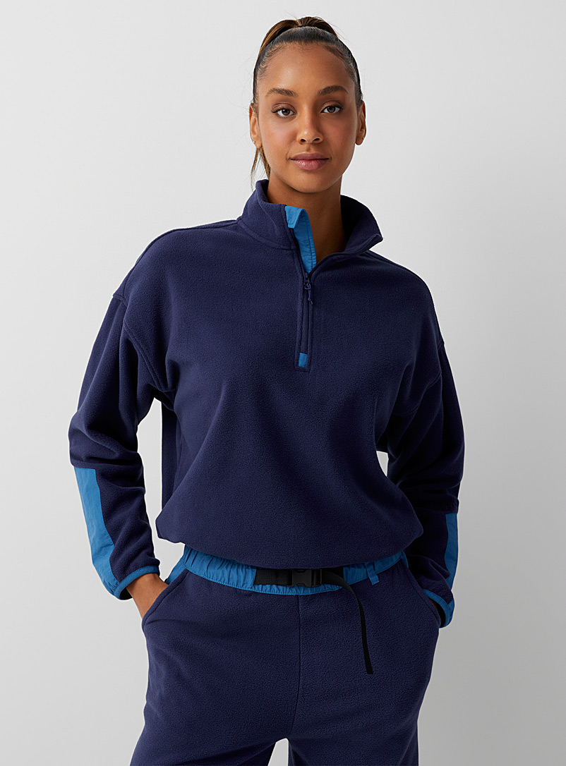 I.FIV5 Marine Blue Faux-nylon accent boxy polar fleece sweatshirt for women