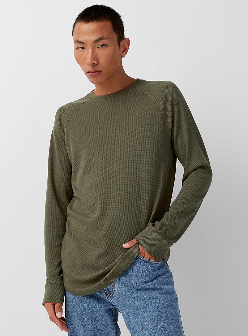 Djab: Le t-shirt gaufré raglan Vert foncé-mousse-olive pour homme