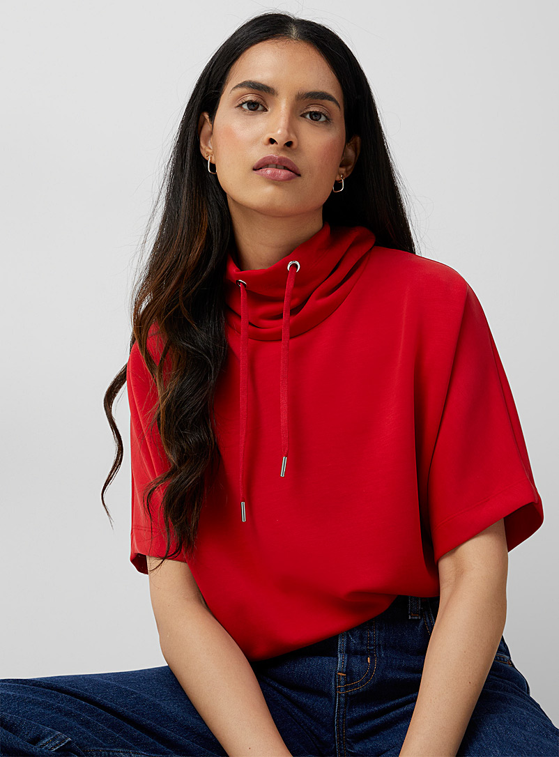 Contemporaine Red Peachskin drawstring collar sweatshirt for women