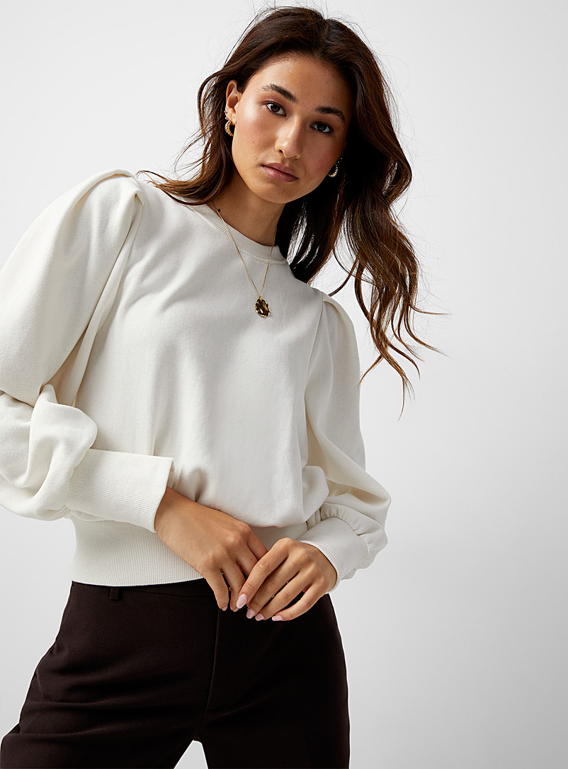 Icône Cream Beige Pleated edging puff-sleeve sweatshirt for women