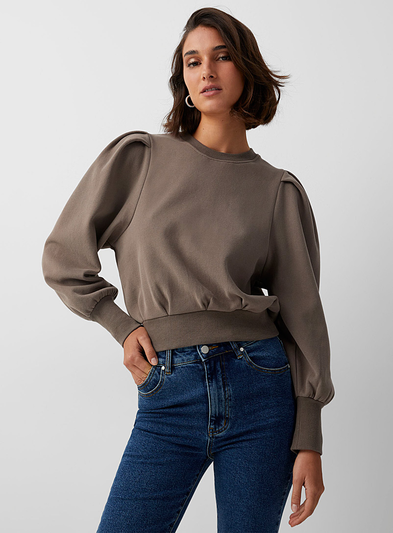 Icône Brown Pleated edging puff-sleeve sweatshirt for women