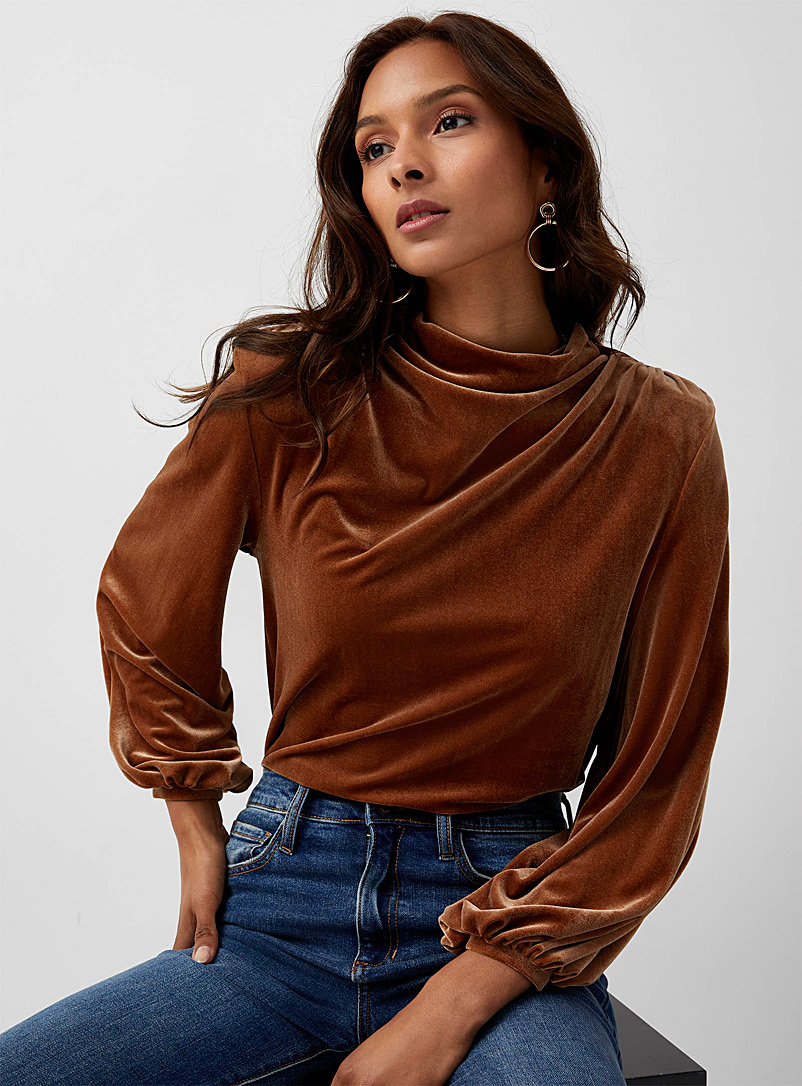 Icône Dark Brown Velvet puff-sleeve mock neck for women