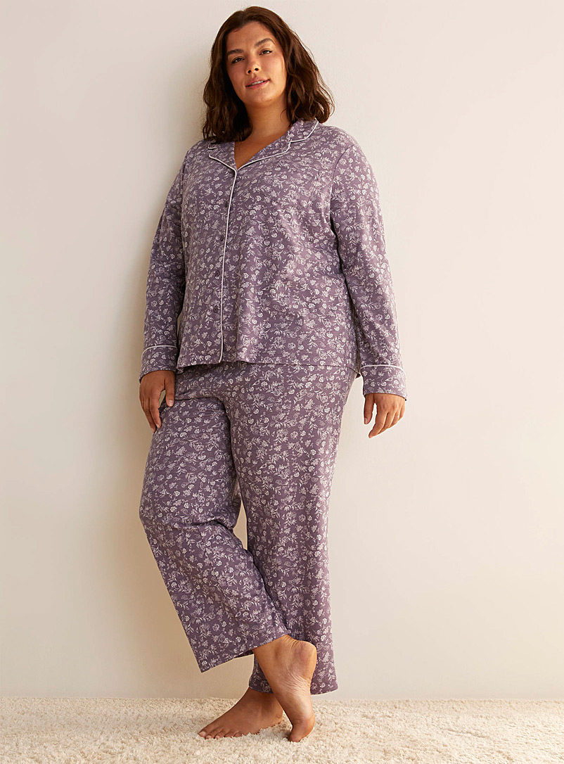 Miiyu Patterned Crimson Brushed cotton piped pyjama set Plus size for women