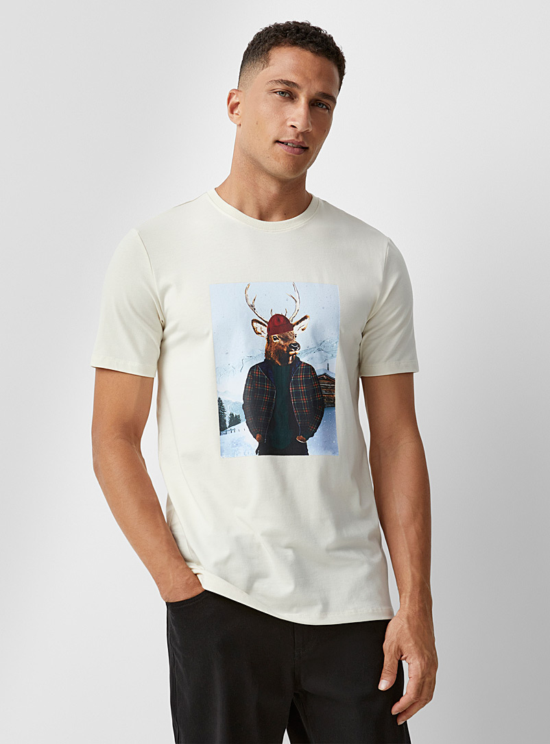 Le 31 Cream Beige Festive animal T-shirt for men