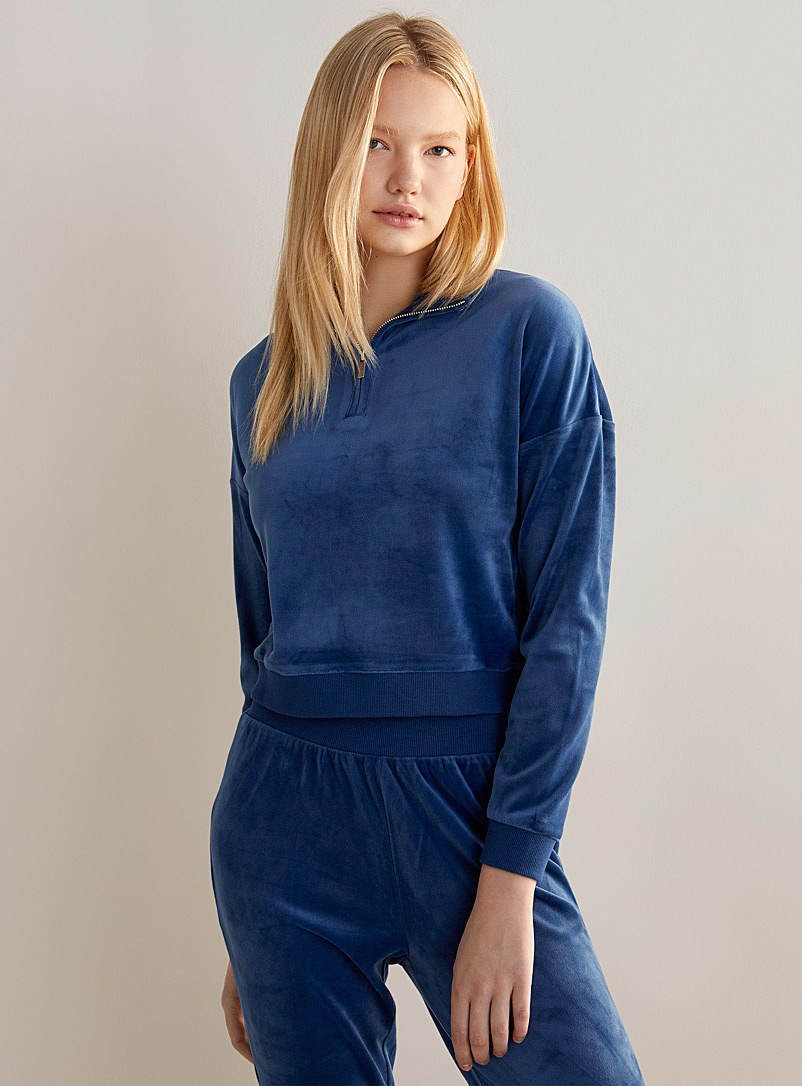 Miiyu x Twik Dark Blue Zippered mock-neck velvet sweatshirt for women