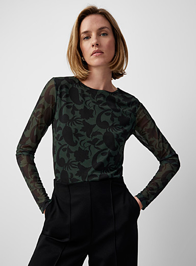Contemporaine Patterned Green Printed micromesh boatneck top for women