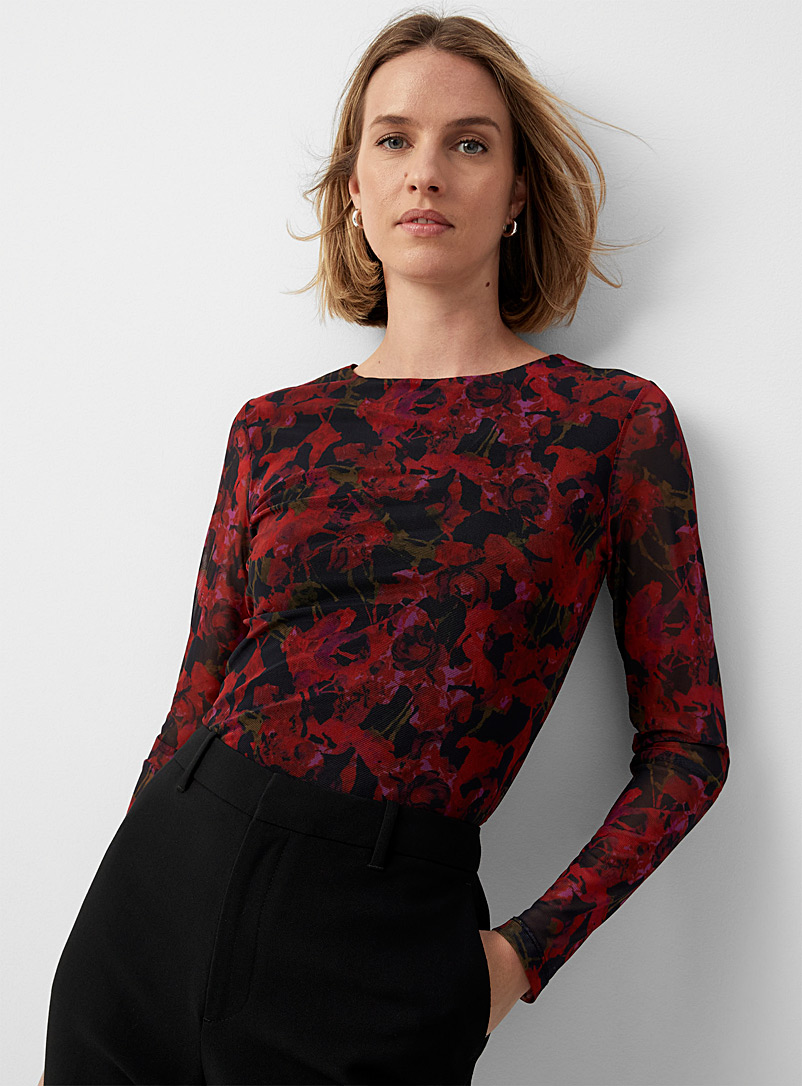Contemporaine Patterned Red Printed micromesh boatneck top for women