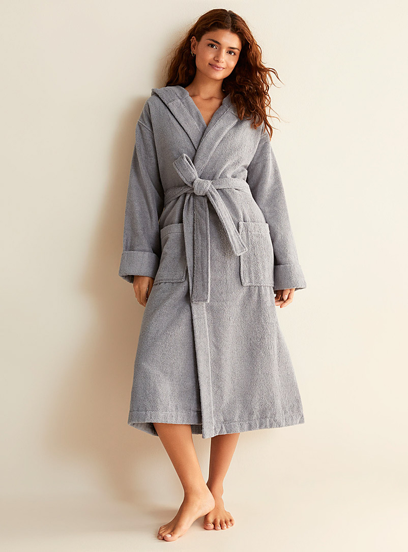 Miiyu Slate Blue Pure organic cotton terry hooded robe for women