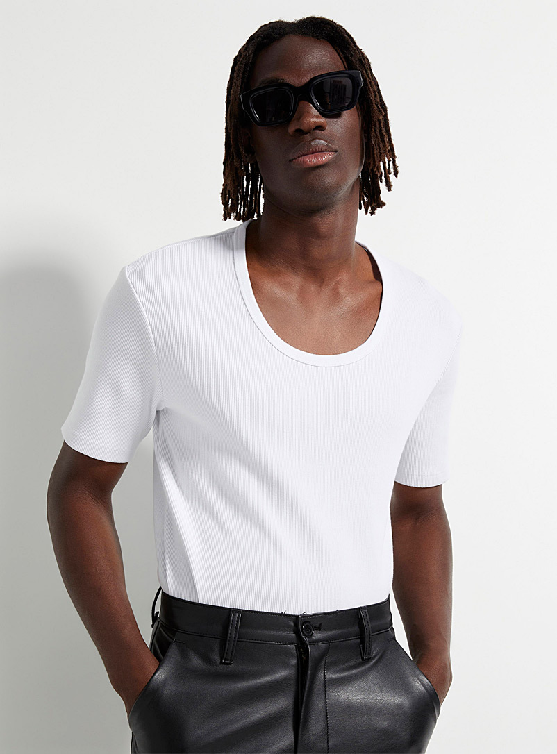 Le 31 White Scoop neck ribbed T-shirt for men