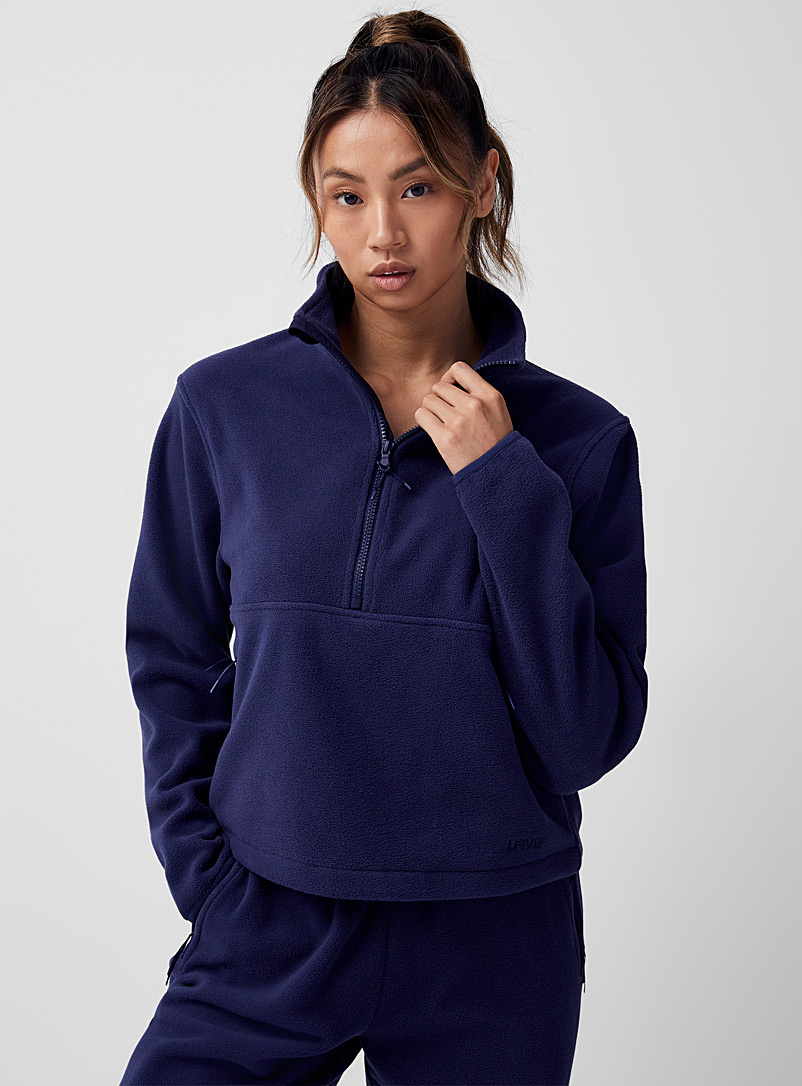 I.FIV5 Marine Blue Boxy zip-neck polar fleece sweatshirt for women