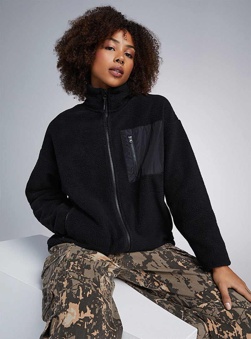 Twik Black Nylon pocket sherpa fleece jacket for women