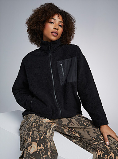 Twik Black Nylon pocket sherpa fleece jacket for women