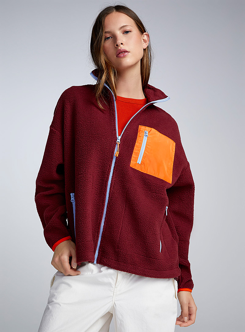 Twik Dark Brown Nylon pocket sherpa fleece jacket for women
