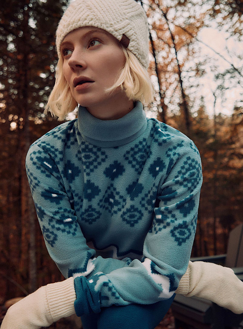 I.FIV5 Patterned Blue Jacquard polar fleece turtleneck sweater for women