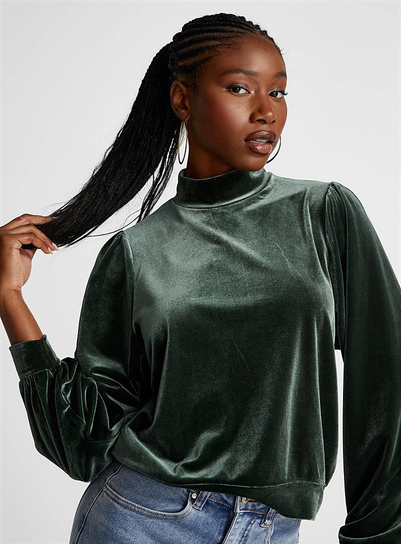 Icône: Le t-shirt velours manches bouffantes Vert pour femme