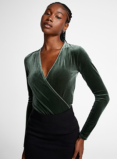 Icône Green Crystal-trim velvet bodysuit for women