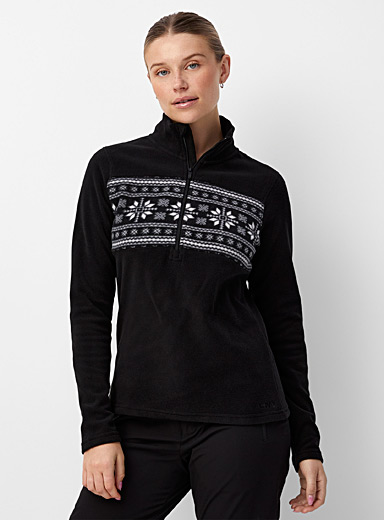 I.FIV5 Black and White Snowflake polar fleece zipped mock neck sweater for women
