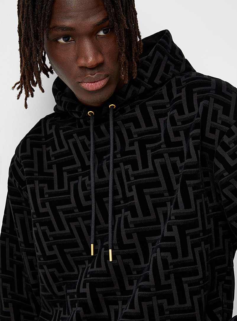 Le 31 Black Velvet mosaic hooded sweatshirt for men