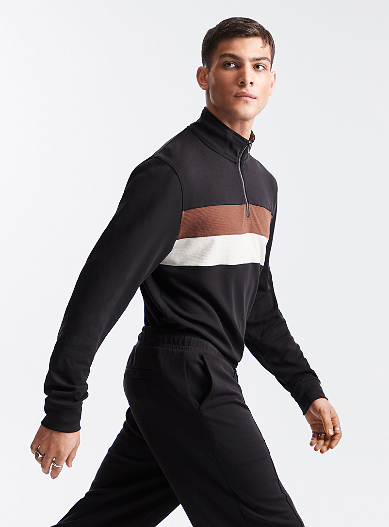 Le 31 Black Block-style zip-neck silky jersey sweatshirt for men