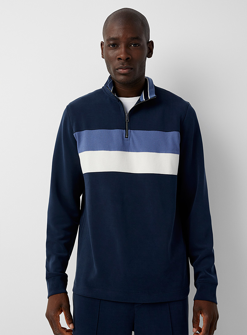 Le 31 Marine Blue Block-style zip-neck silky jersey sweatshirt for men