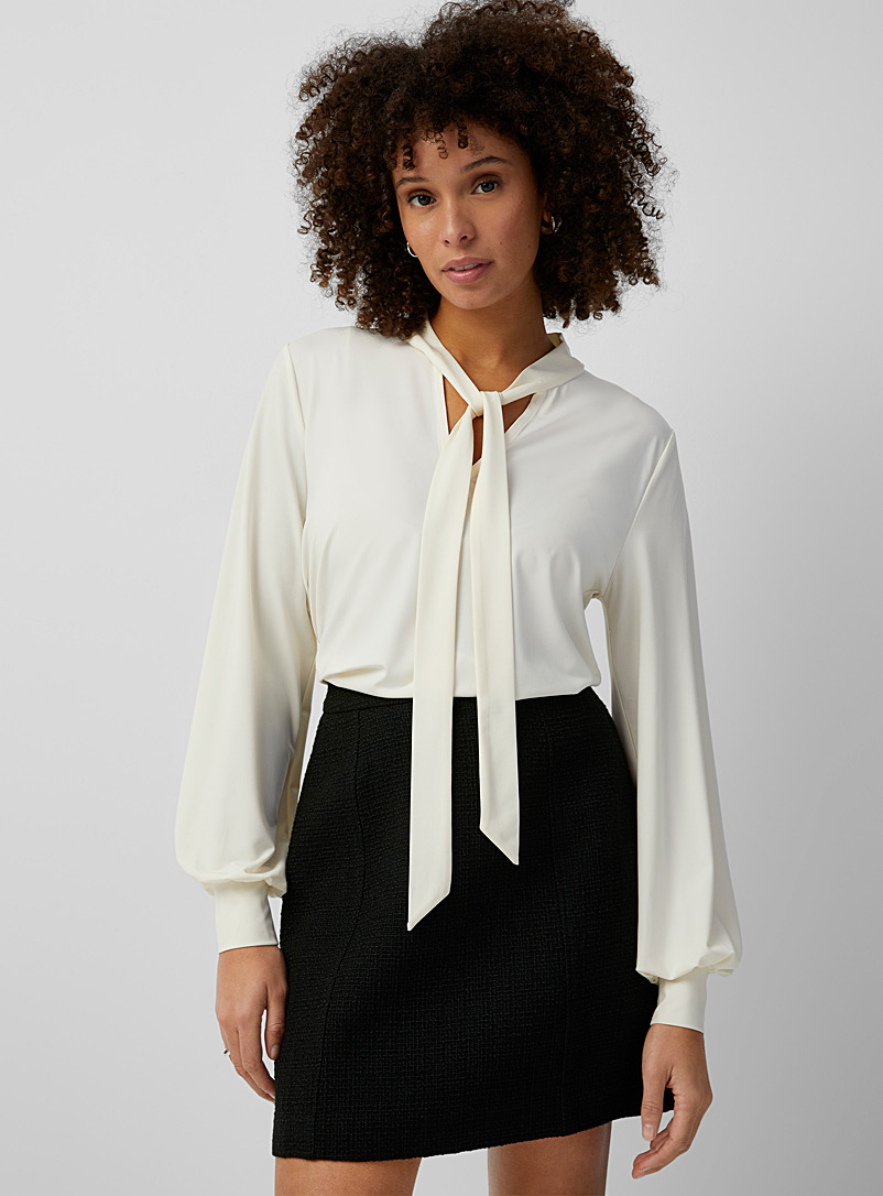 Contemporaine Ivory White Tie-neck silky T-shirt for women