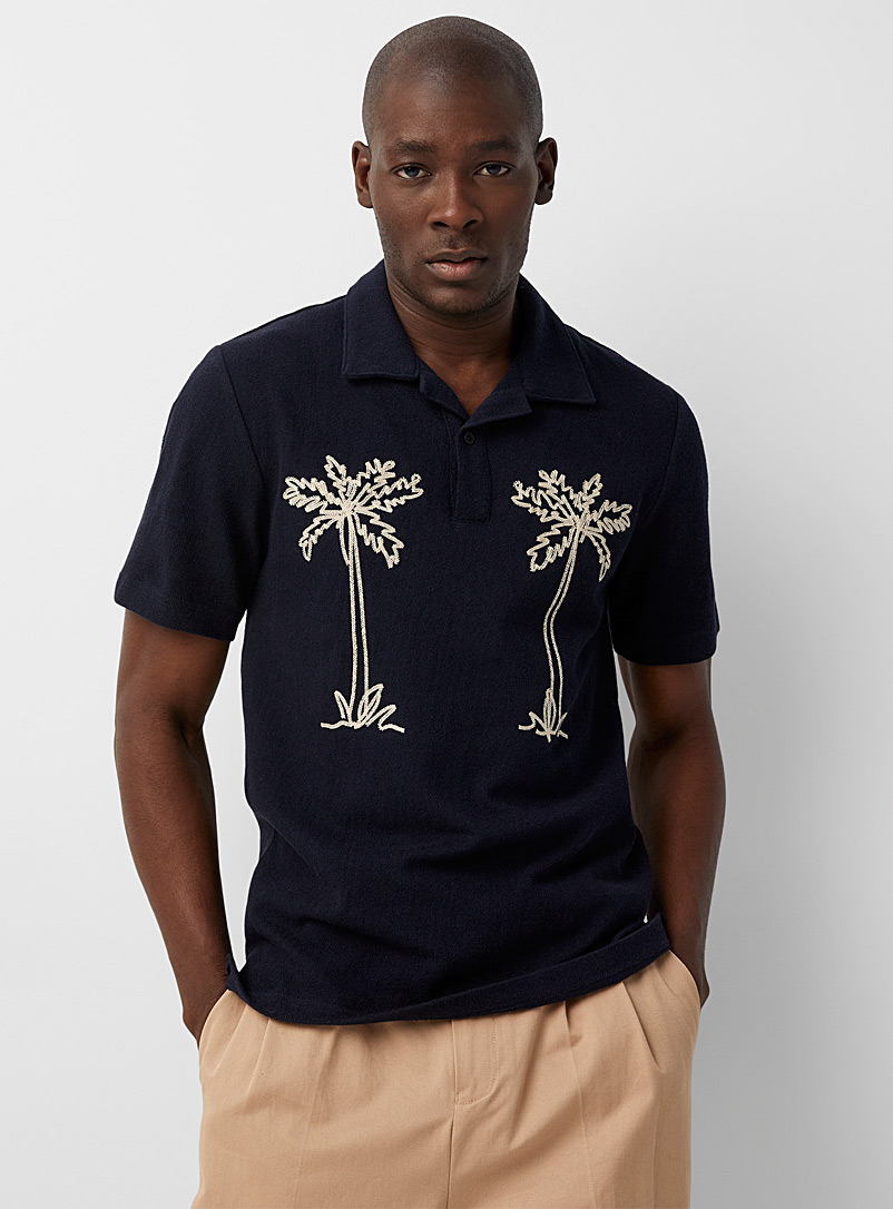 Le 31 Navy/Midnight Blue Embroidered open-collar polo for men