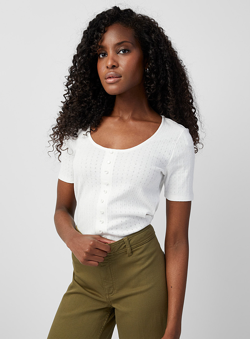 Contemporaine White Pointelle pattern buttoned T-shirt for women