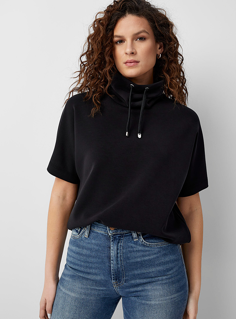 Contemporaine Black Drawcord collar peachskin sweatshirt for women