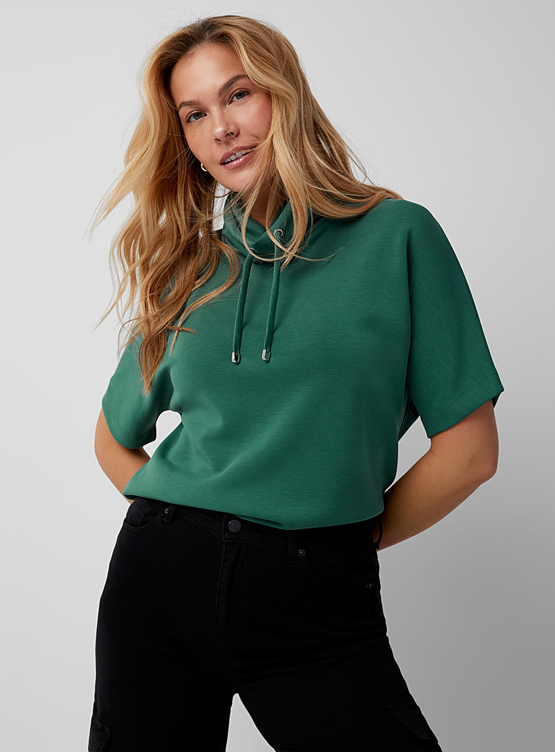 Contemporaine Bottle Green Drawcord collar peachskin sweatshirt for women
