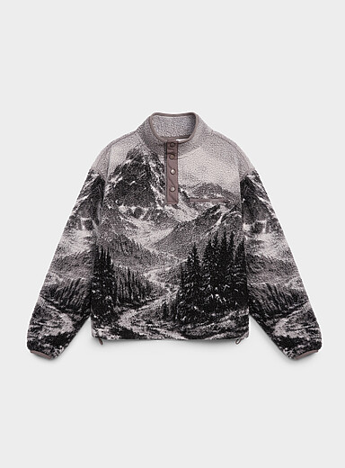 Twik Patterned Grey Patterned high-pile fleece button-collar sweater for women